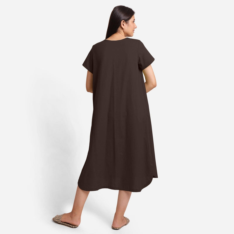 Back View of a Model wearing Brown Cotton Welt Pocket Shift Dress