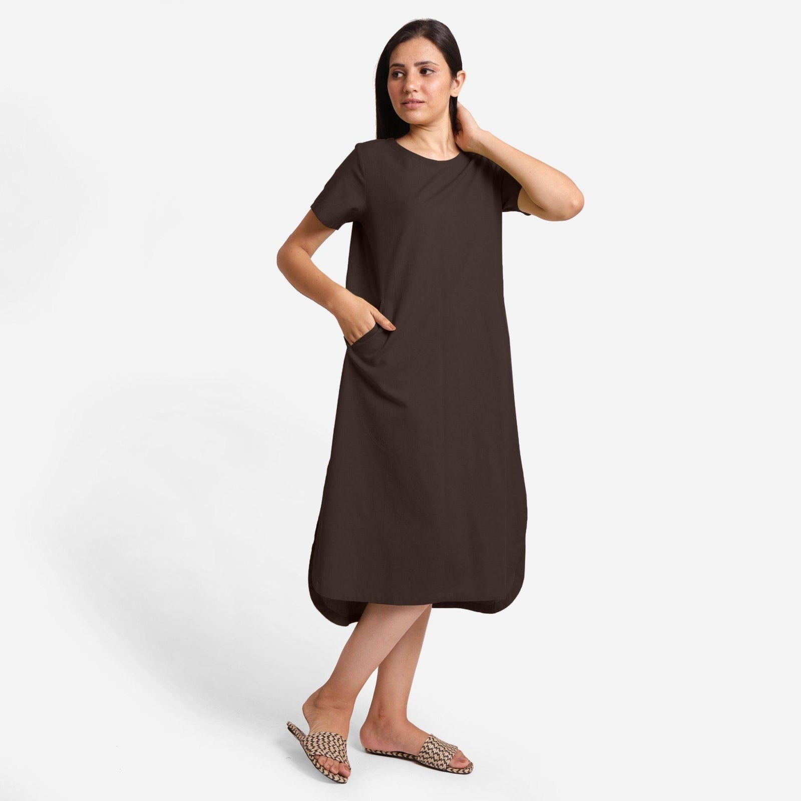 midi shift dress with sleeves Brown Cotton Flax High-Low Midi Shift Dress 58