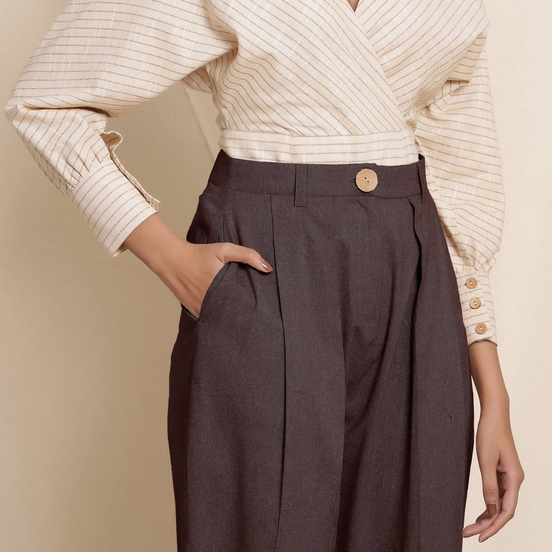 Brown Cotton Flax High-Rise Pegged Chino Pant