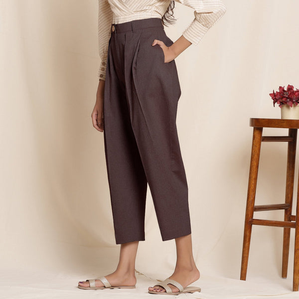 Brown Cotton Flax High-Rise Pegged Chino Pant