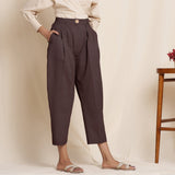 Brown Cotton Flax High-Rise Pegged Chino Pant
