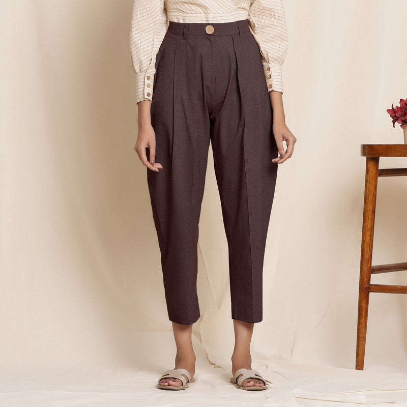 Brown Cotton Flax High-Rise Pegged Chino Pant