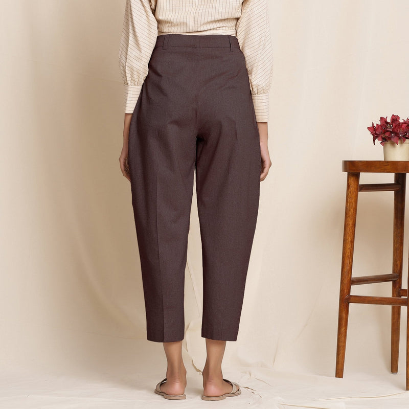 Brown Cotton Flax High-Rise Pegged Chino Pant