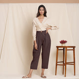 Brown Cotton Flax High-Rise Pegged Chino Pant