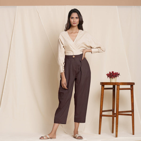 Brown Cotton Flax High-Rise Pegged Chino Pant