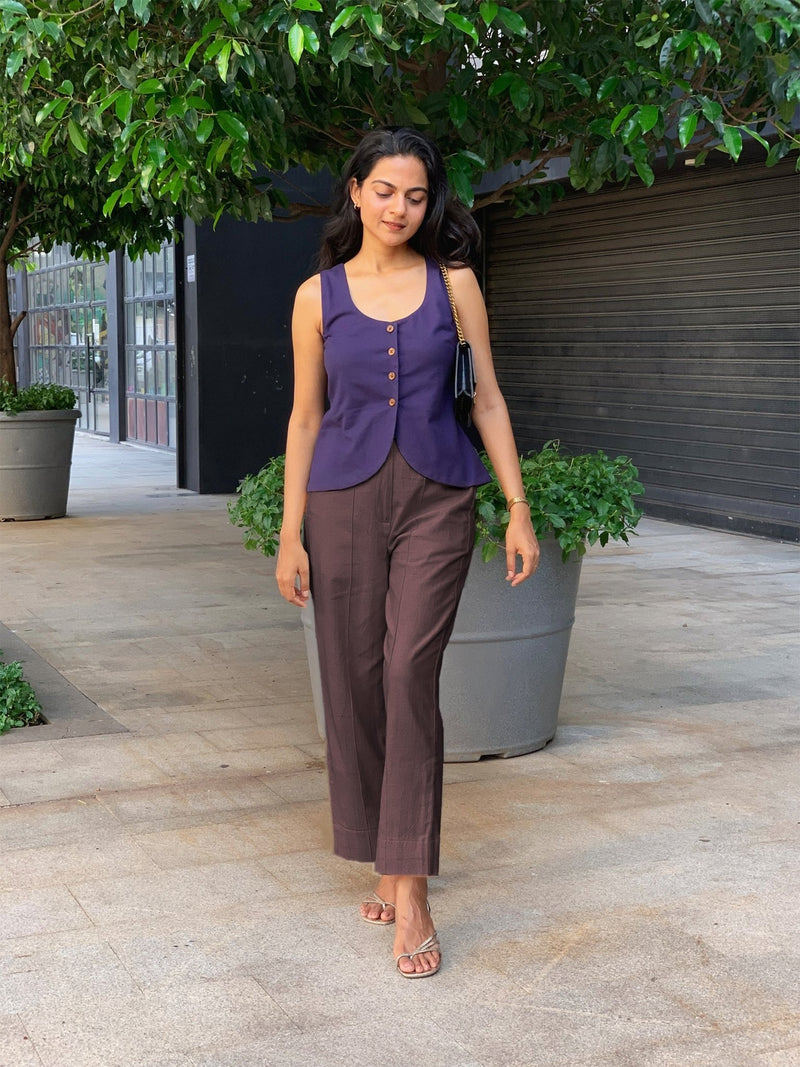 Brown Cotton Flax High-Rise Straight Leg Pant