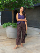 Brown Cotton Flax High-Rise Straight Leg Pant