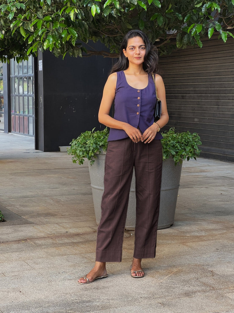 Brown Cotton Flax High-Rise Straight Leg Pant