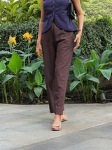 Brown Cotton Flax High-Rise Straight Leg Pant