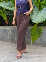 Brown Cotton Flax High-Rise Straight Leg Pant