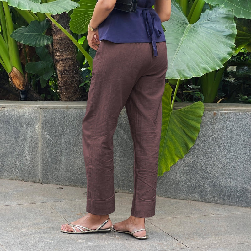 Brown Cotton Flax High-Rise Straight Leg Pant