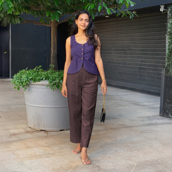Brown Cotton Flax High-Rise Straight Leg Pant