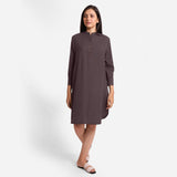 Front View of a Model wearing Brown Cotton Flax Shirt Dress