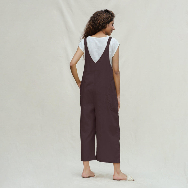 Brown Cotton Flax Midi Dungaree Jumpsuit