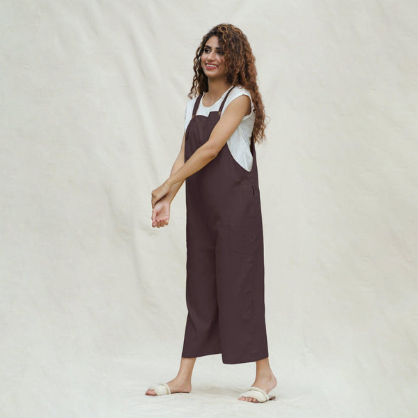 Brown Cotton Flax Midi Dungaree Jumpsuit