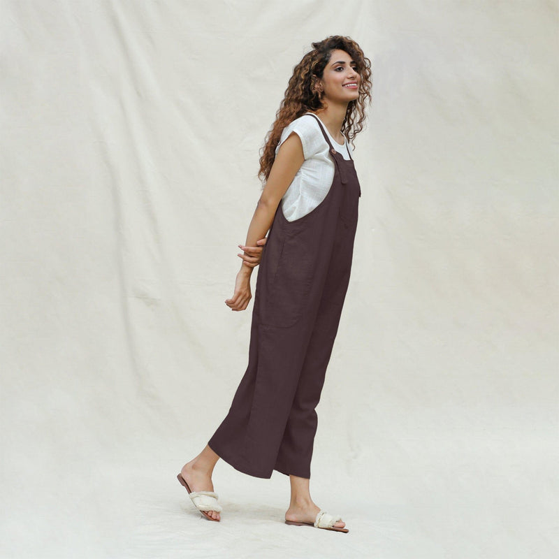 Brown Cotton Flax Midi Dungaree Jumpsuit