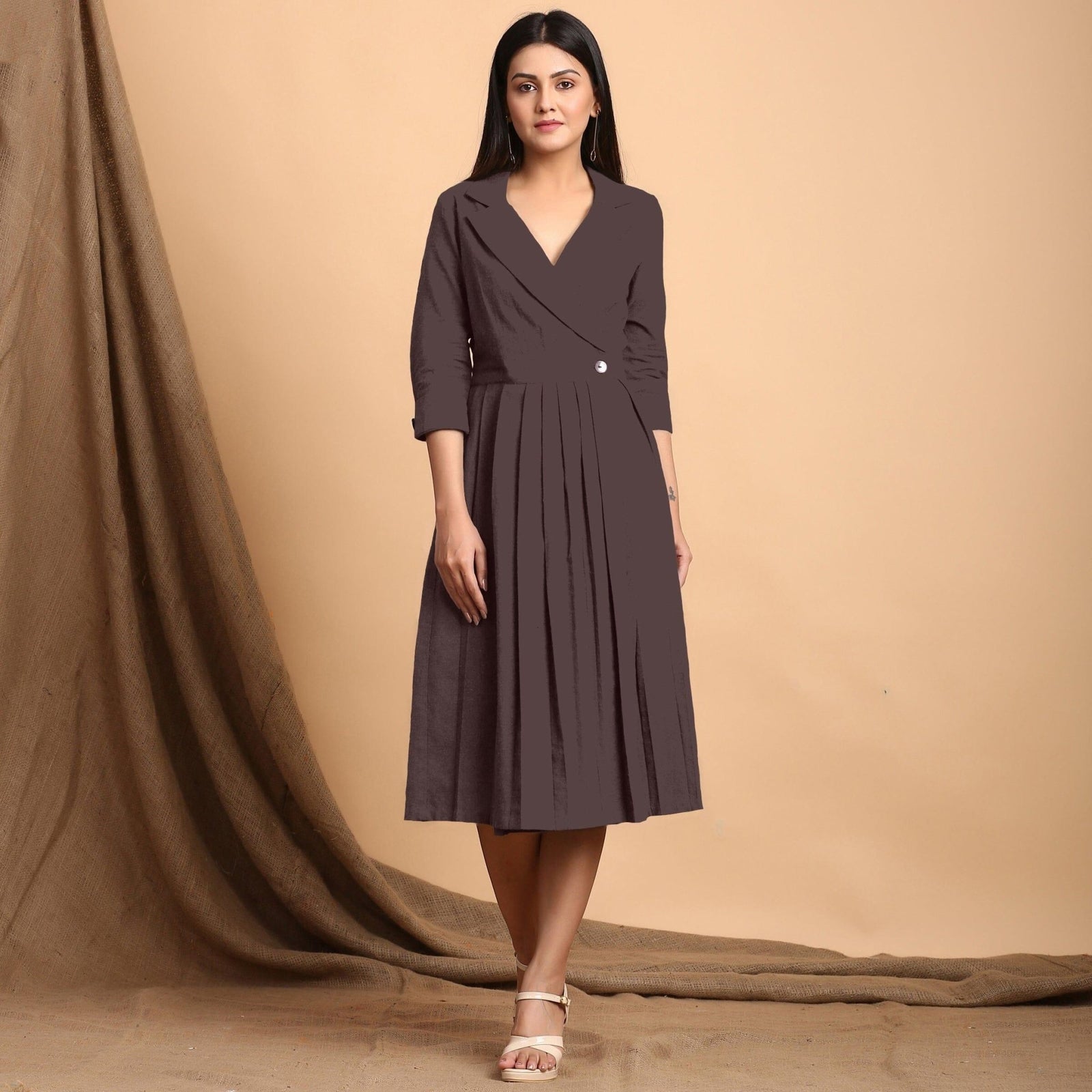 Brown Cotton Flax Notched Collar Midi Pleated Wrap Dress 48 Brown Cotton Flax Notched Collar Midi Pleated Wrap Dress 48