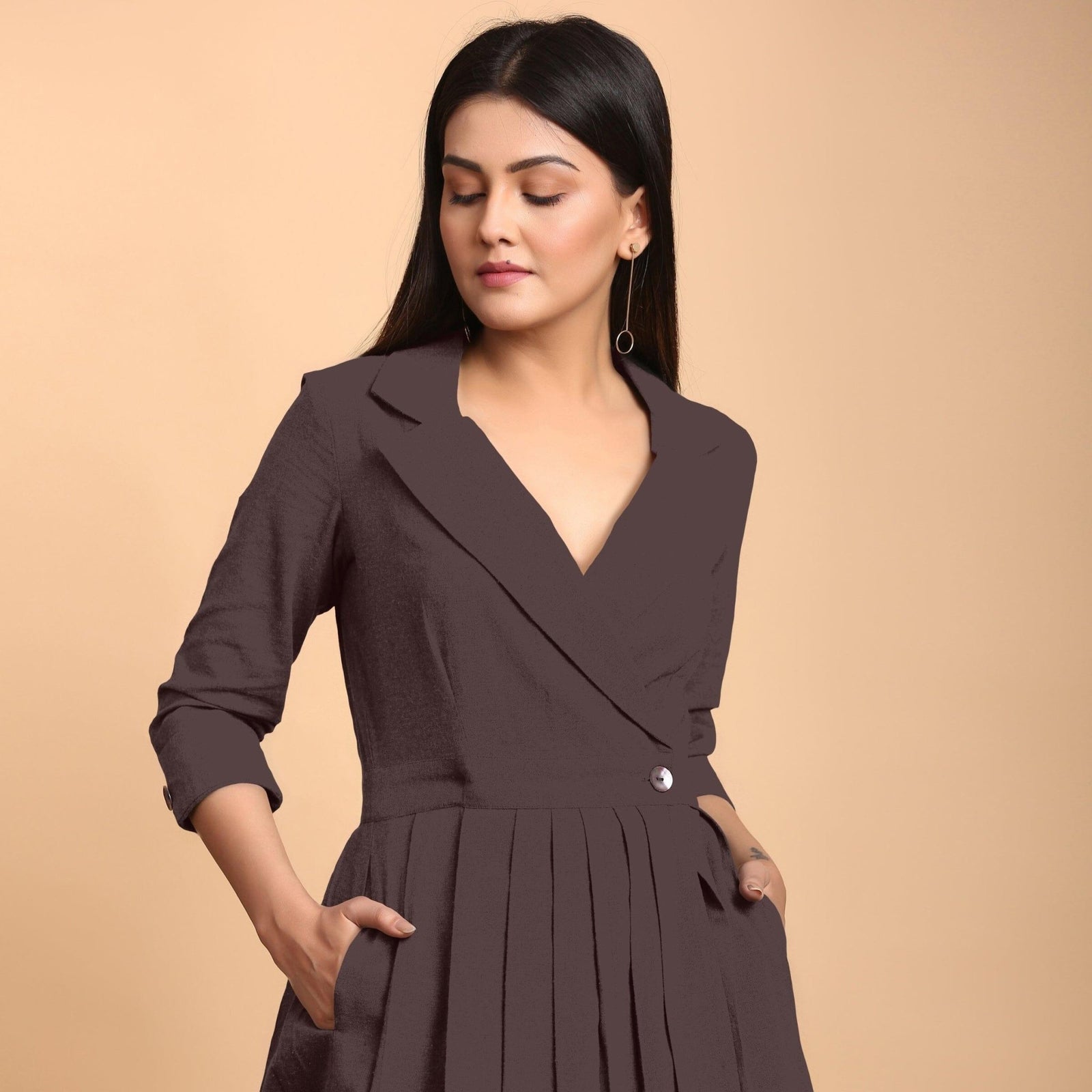 Brown Cotton Flax Notched Collar Midi Pleated Wrap Dress 54