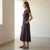 Brown Cotton Flax Paneled A-Line Midi Dress