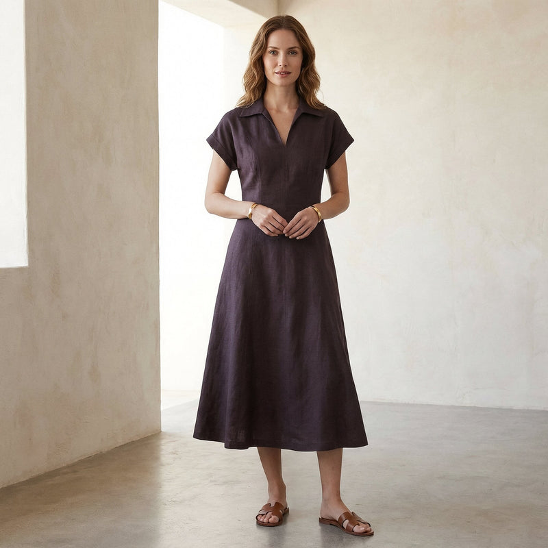 Brown Cotton Flax Paneled A-Line Midi Dress 30