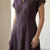 Brown Cotton Flax Paneled A-Line Midi Dress