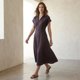 Brown Cotton Flax Paneled A-Line Midi Dress