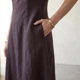 Brown Cotton Flax Paneled A-Line Midi Dress
