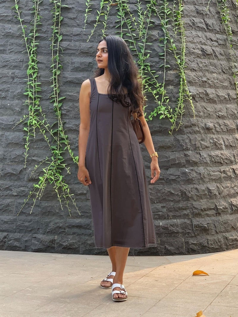 Brown Cotton Flax Paneled Midi Dress