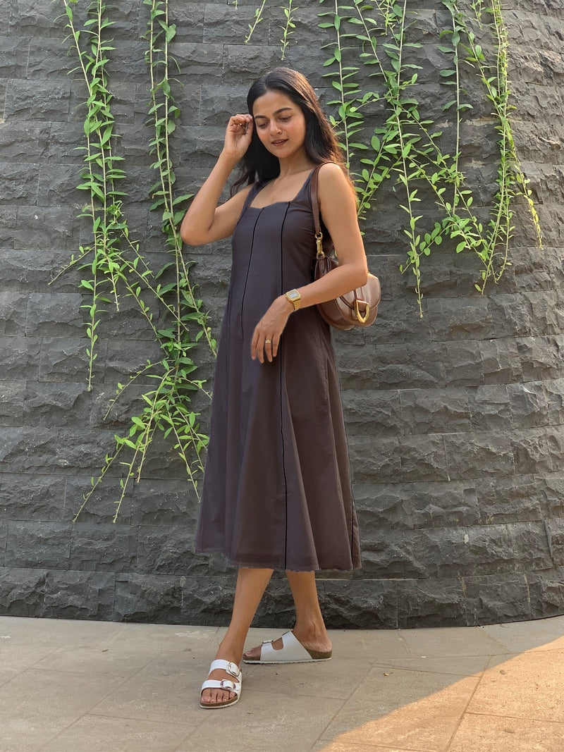 Brown Cotton Flax Paneled Midi Dress