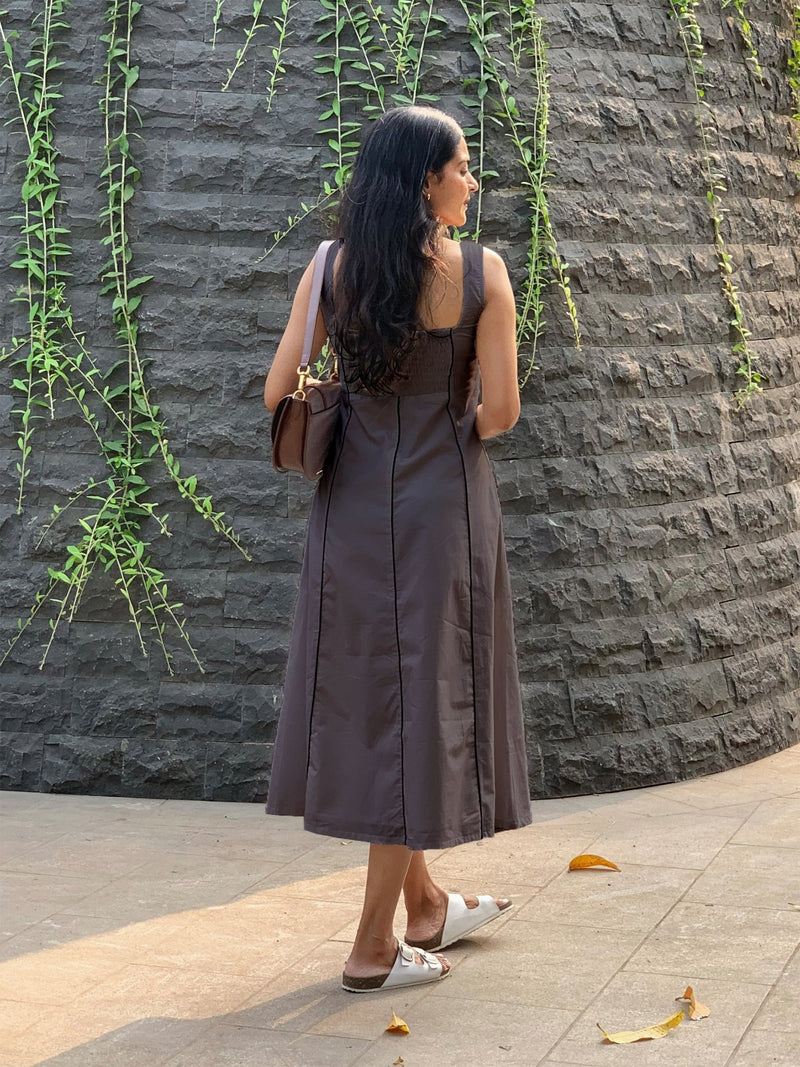 Brown Cotton Flax Paneled Midi Dress