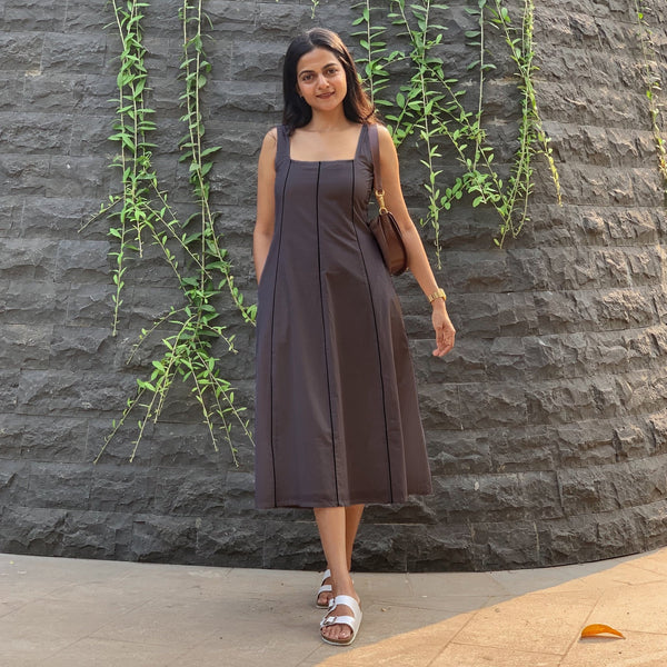 Brown Cotton Flax Paneled Midi Dress