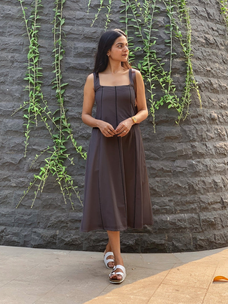 Brown Cotton Flax Paneled Midi Dress