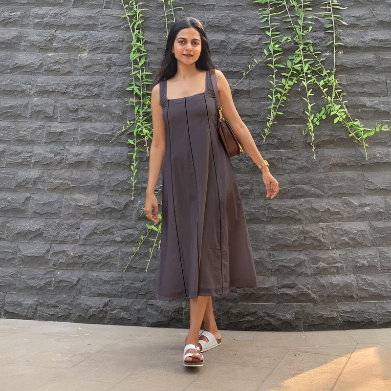 Brown Cotton Flax Paneled Midi Dress