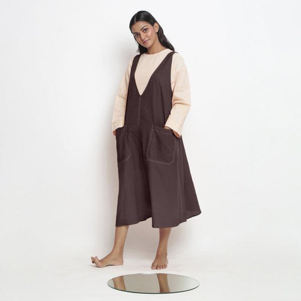Brown Cotton Flax Paneled Midi Shift Dress