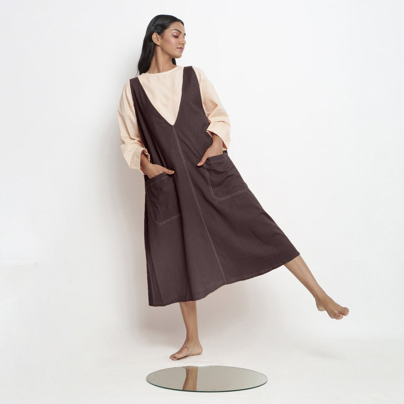 Brown Cotton Flax Paneled Midi Shift Dress 38