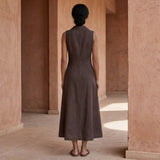 Brown Cotton Flax Paneled Sleeveless Maxi Dress