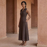 Brown Cotton Flax Paneled Sleeveless Maxi Dress