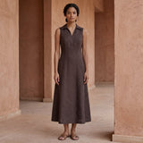 Brown Cotton Flax Paneled Sleeveless Maxi Dress
