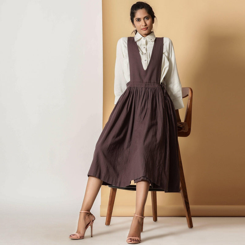 Front View of a Model wearing Brown Cotton Flax Pinafore Midi Wrap Dress