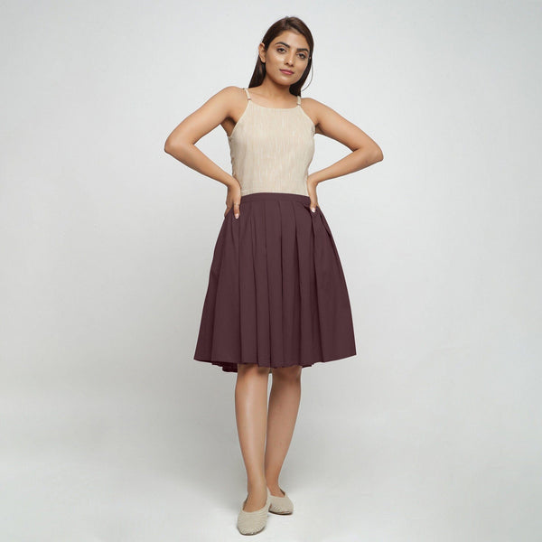 Front View of a Model wearing Brown Cotton Flax Pleated Skirt