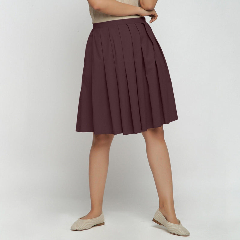 Front View of a Model wearing Brown Cotton Flax Pleated Skirt