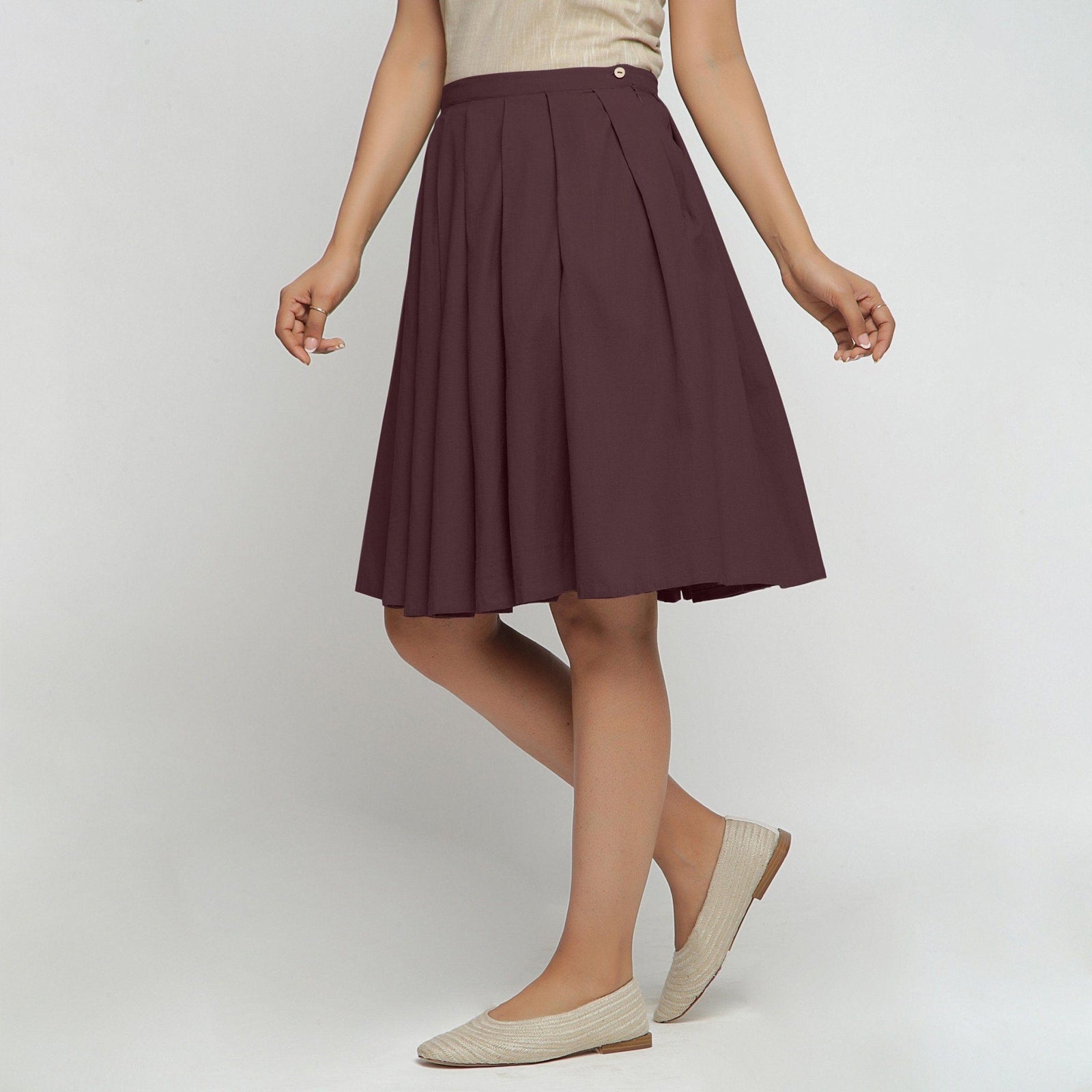 Buy Brown Cotton Flax Pleated Knee Length Skirt Online at SeamsFriendly