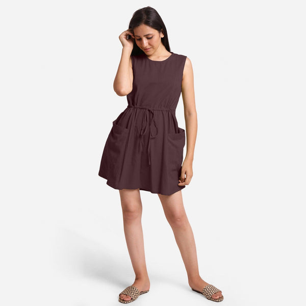 Front View of a Model wearing Brown Patch Pocket Round Neck Dress