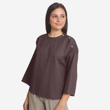 Left View of a Model wearing Brown Cotton Flax Round Neck A-Line Top