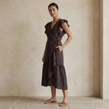 Brown Cotton Flax Ruffle Midi Wrap Dress
