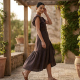 Brown Cotton Flax Ruffle Midi Wrap Dress
