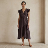 Brown Cotton Flax Ruffle Midi Wrap Dress