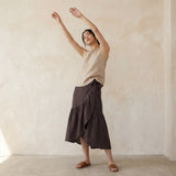 Brown Cotton Flax Ruffle Midi Wrap Skirt
