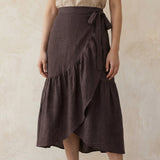 Brown Cotton Flax Ruffle Midi Wrap Skirt
