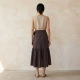 Brown Cotton Flax Ruffle Midi Wrap Skirt